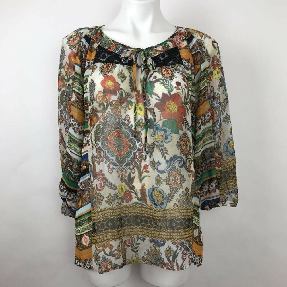 Fig And Flower Tunic Top Boho Floral Sheer Sz M